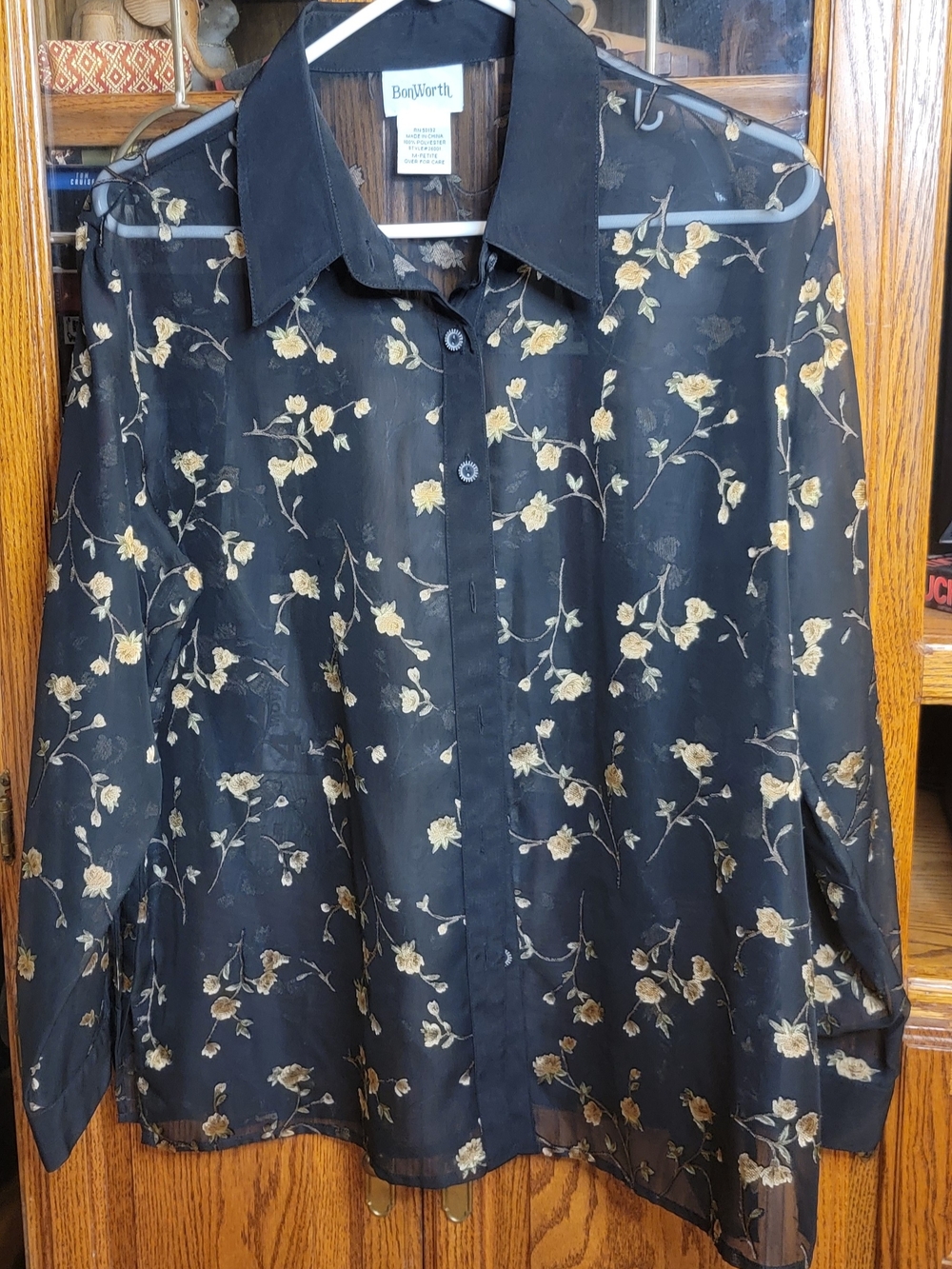 BonWorth Sheer Black Blouse with Gold Floral Print Size Medium